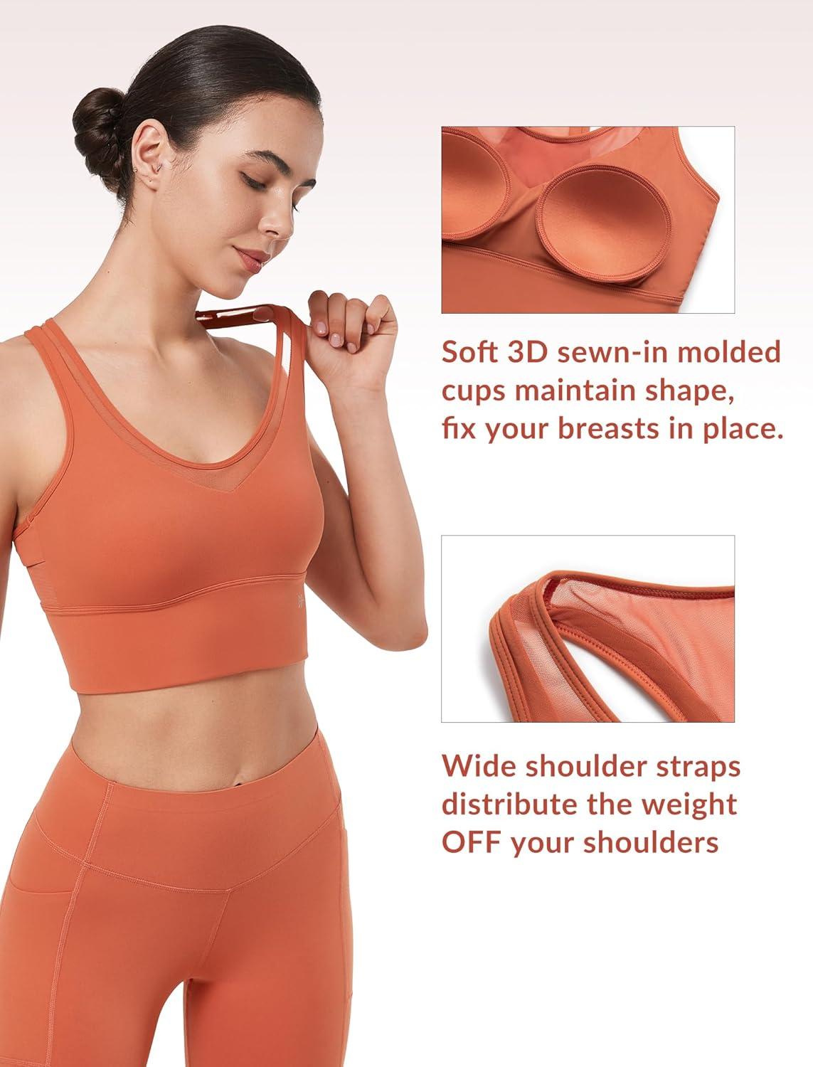 Yvette Low Impact Yoga Sports Bra Mesh Design V Neck Racerback Padding Wide Band for Support Tank Top(Coral Red)