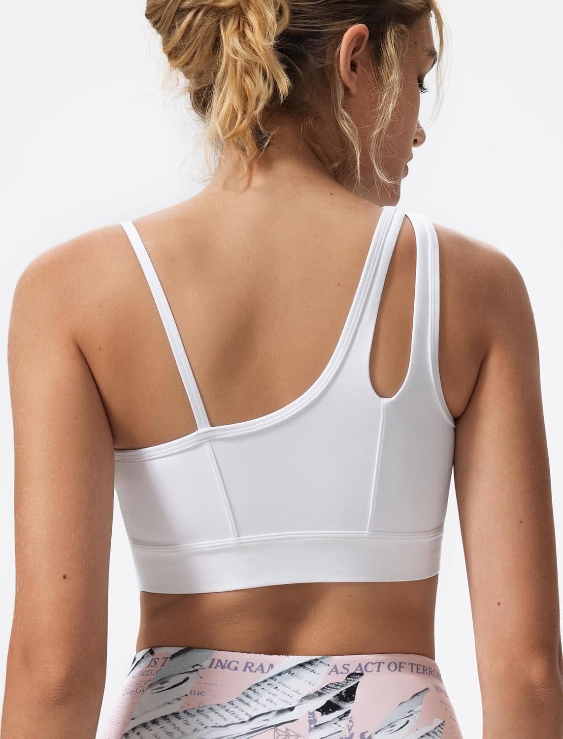 Yvette Womens One Shoulder Sports Bra Asymmetrical Strap Yoga Light Support Padded Wireless Tank Top(White)