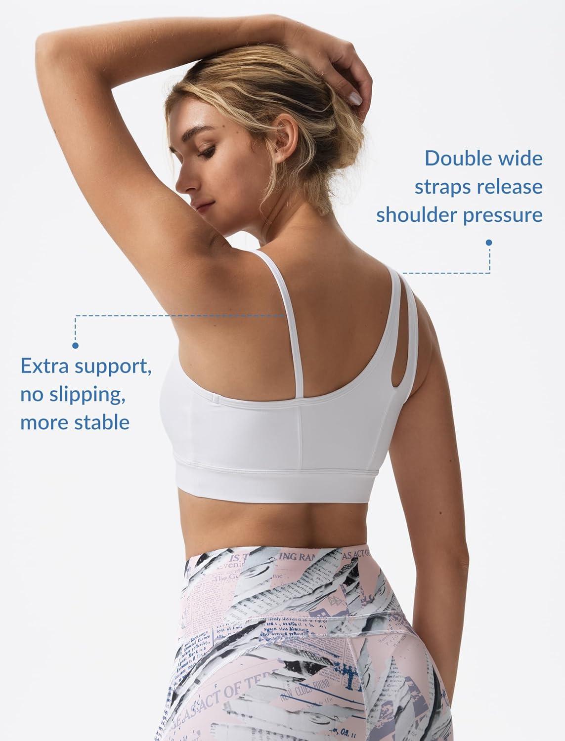 Yvette Womens One Shoulder Sports Bra Asymmetrical Strap Yoga Light Support Padded Wireless Tank Top(White)