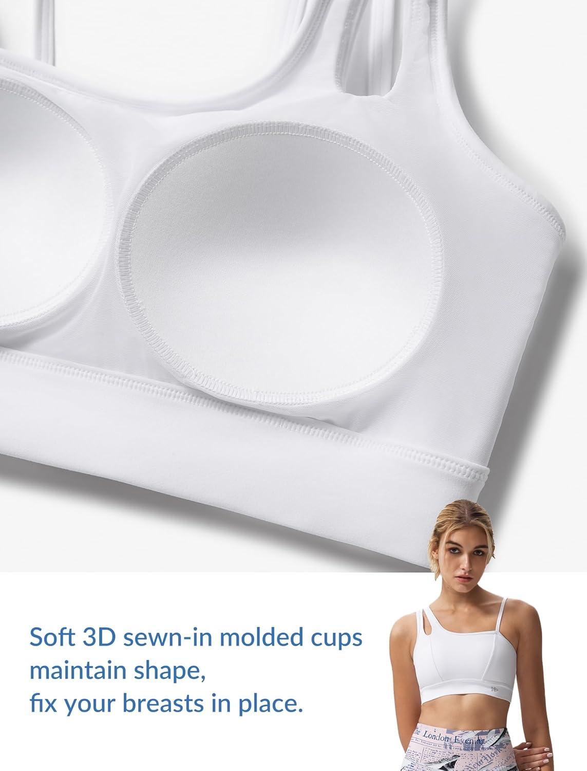 Yvette Womens One Shoulder Sports Bra Asymmetrical Strap Yoga Light Support Padded Wireless Tank Top(White)