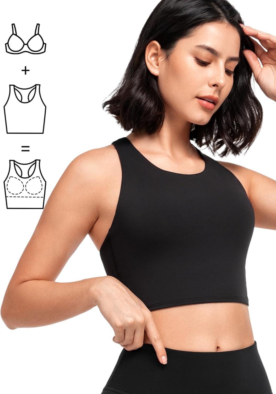 Yvette Longline Yoga Bras Gym Top for Women Sports Bra Racerback Workout with Removable Pads(Black)
