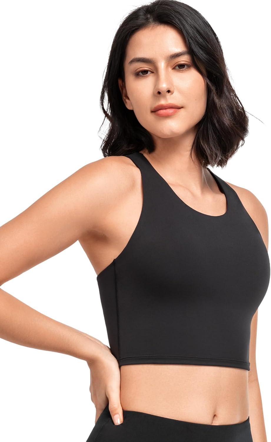 Yvette Longline Yoga Bras Gym Top for Women Sports Bra Racerback Workout with Removable Pads(Black)