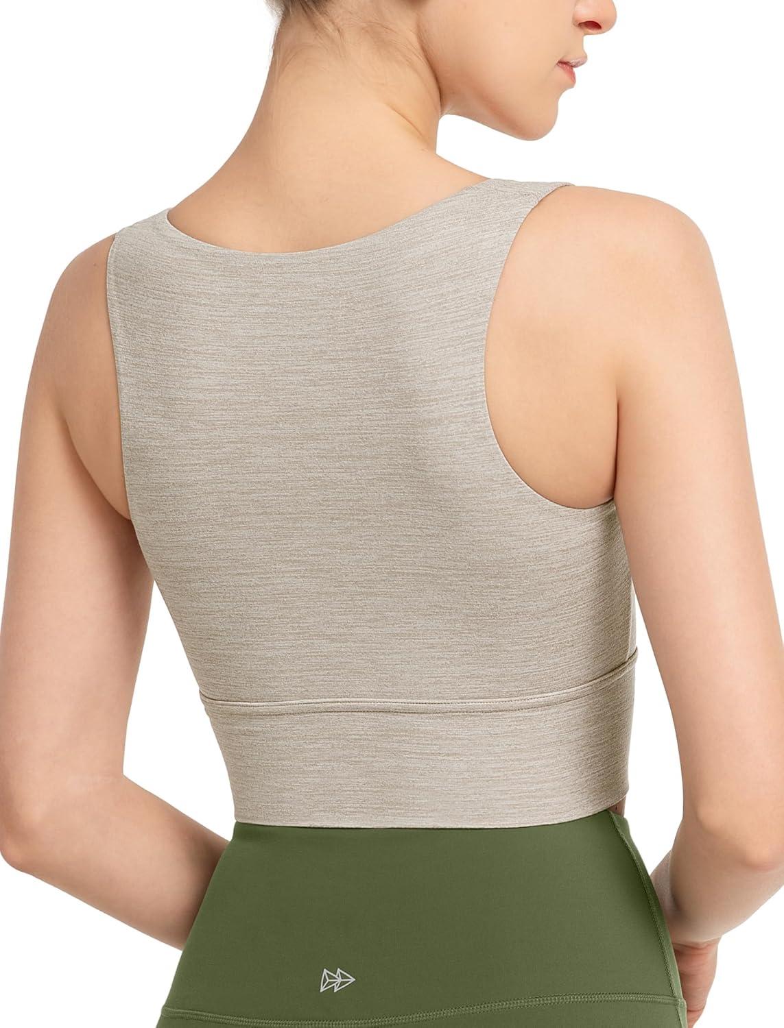 Yvette Yoga Sports Bras for Women Longline Square Neck Plain Light Support Padded Wireless Bra Full Coverage Cropped Tank Top(Light Beige)