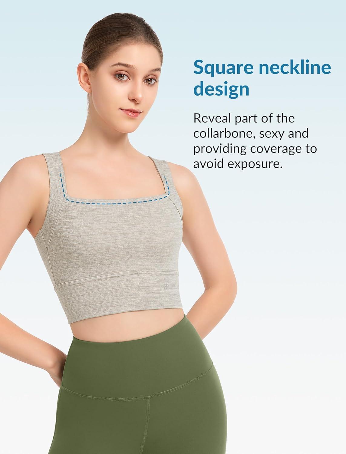 Yvette Yoga Sports Bras for Women Longline Square Neck Plain Light Support Padded Wireless Bra Full Coverage Cropped Tank Top(Light Beige)