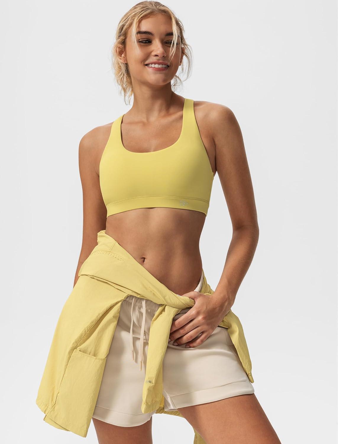 Yvette Yoga Sports Bras for Women Light Support Sexy Criss Cross Back Bra with Removable Pad(Yellow)