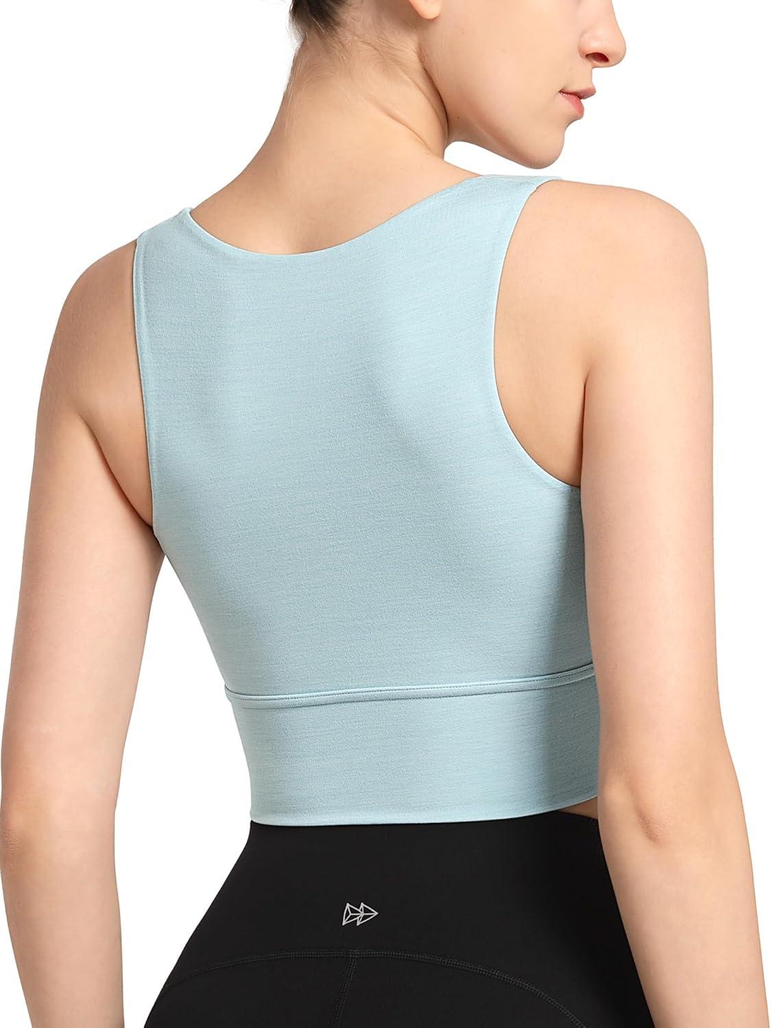 Yvette Yoga Sports Bras for Women Longline Square Neck Plain Light Support Padded Wireless Bra Full Coverage Cropped Tank Top(Blue)