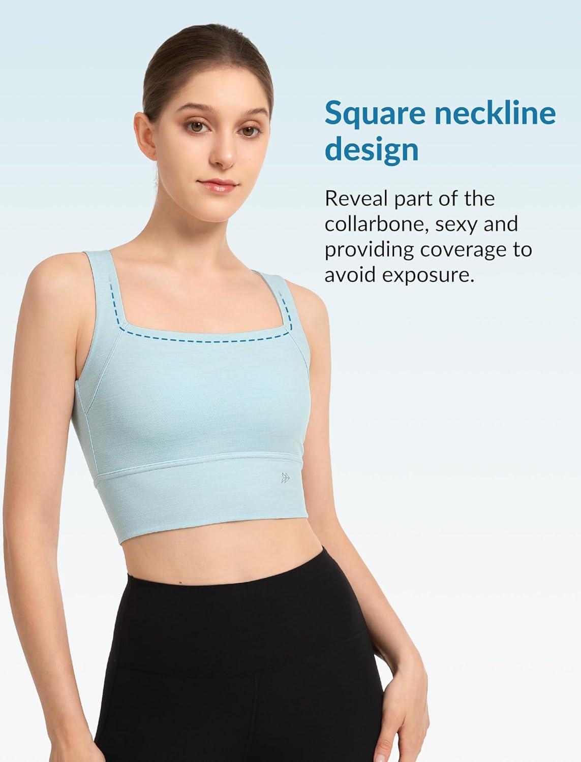 Yvette Yoga Sports Bras for Women Longline Square Neck Plain Light Support Padded Wireless Bra Full Coverage Cropped Tank Top(Blue)