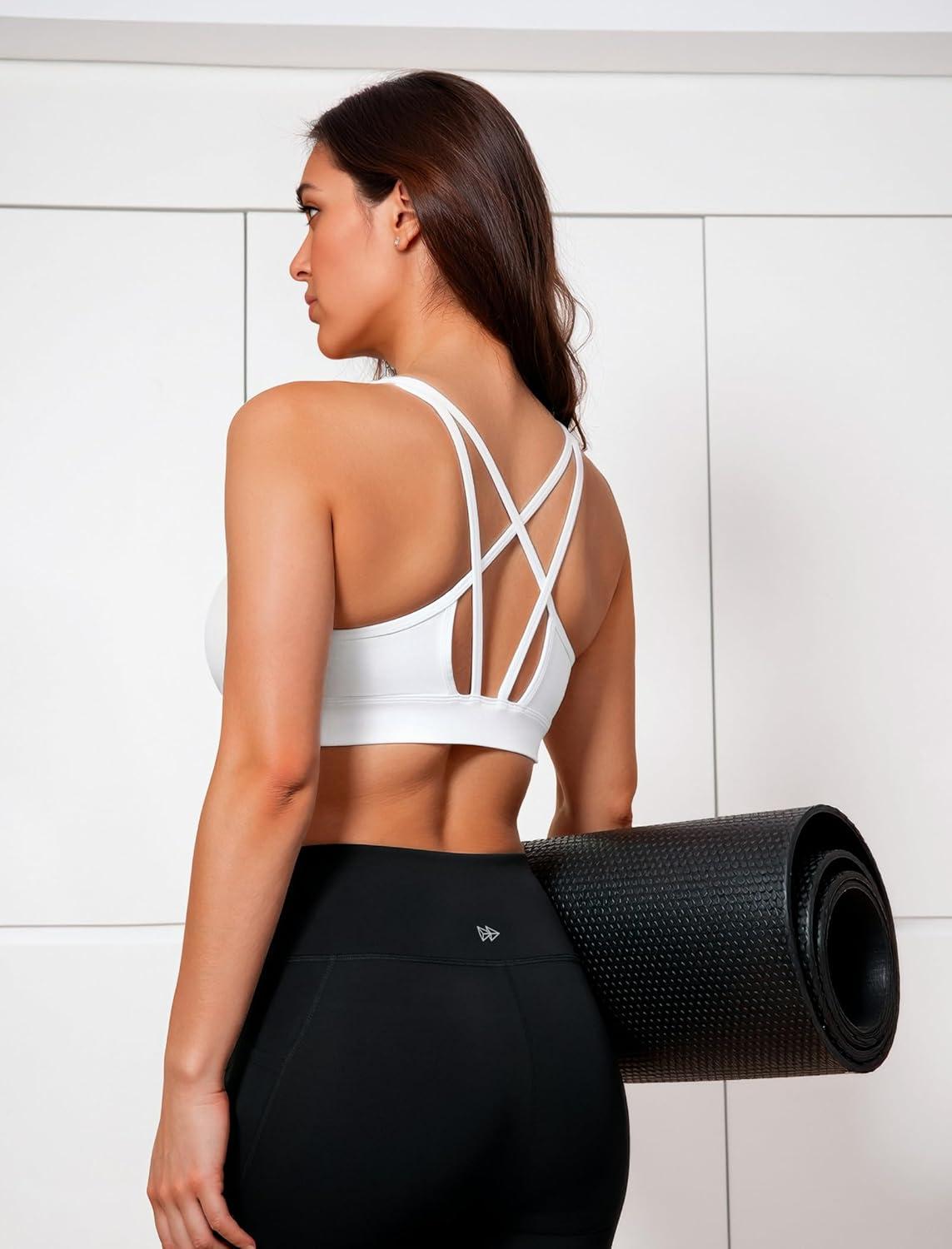 Yvette Lightweight Crisscross Back Sports Bra for Women, Breathable Yoga Tank Top with Removable Pads for Workout & Fitness(White)