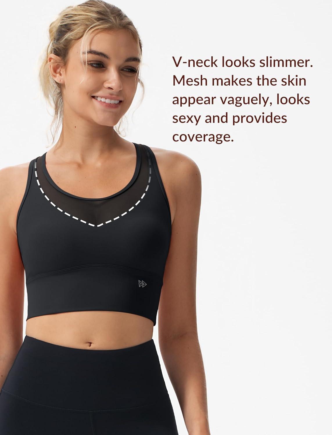 Yvette Low Impact Yoga Sports Bra Mesh Design V Neck Racerback Padding Wide Band for Support Tank Top(Black)