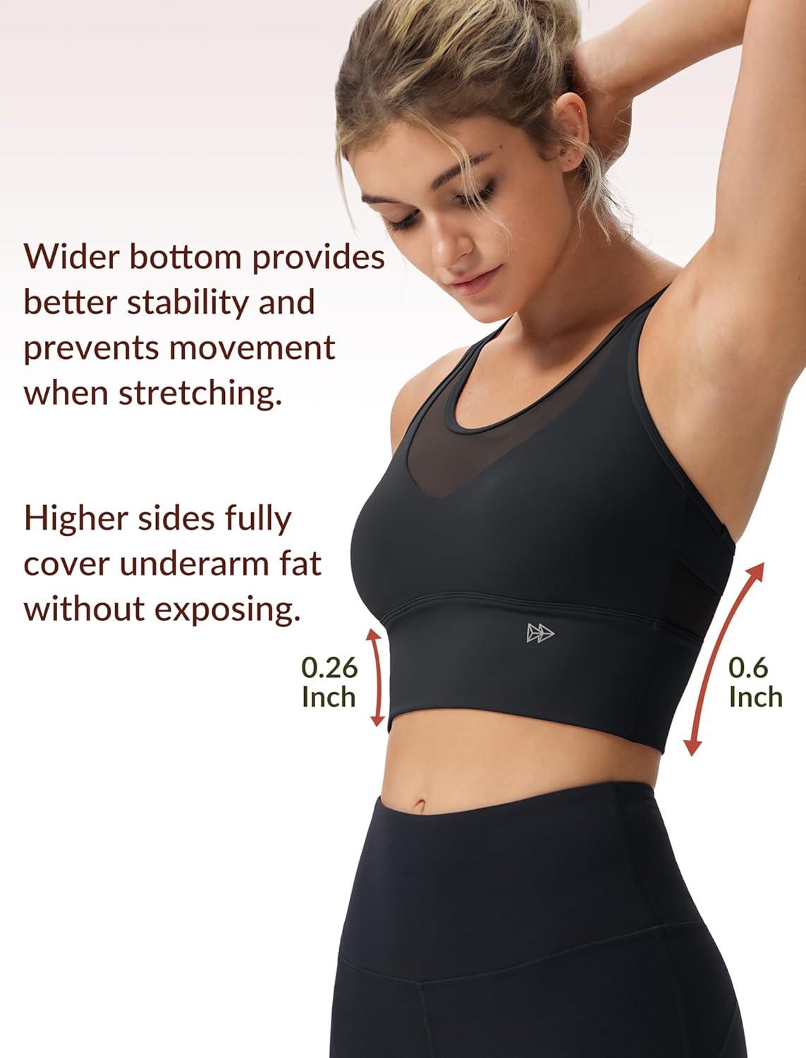 Yvette Low Impact Yoga Sports Bra Mesh Design V Neck Racerback Padding Wide Band for Support Tank Top(Black)