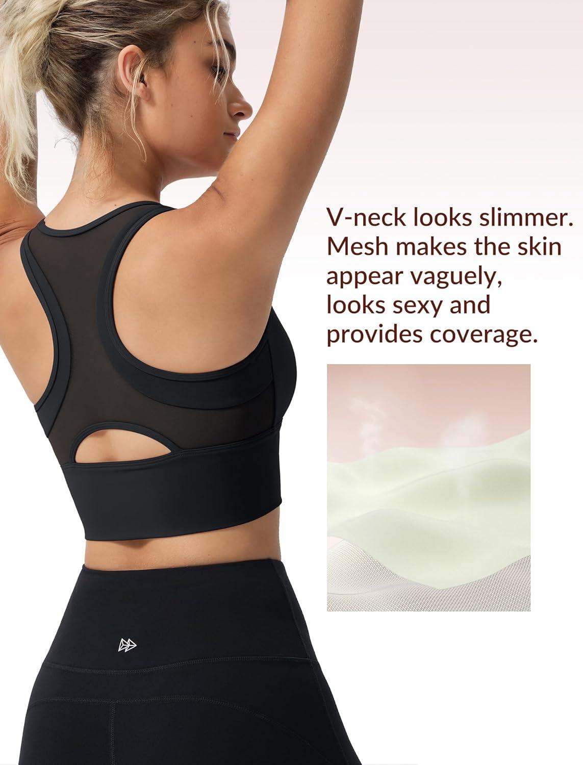 Yvette Low Impact Yoga Sports Bra Mesh Design V Neck Racerback Padding Wide Band for Support Tank Top(Black)