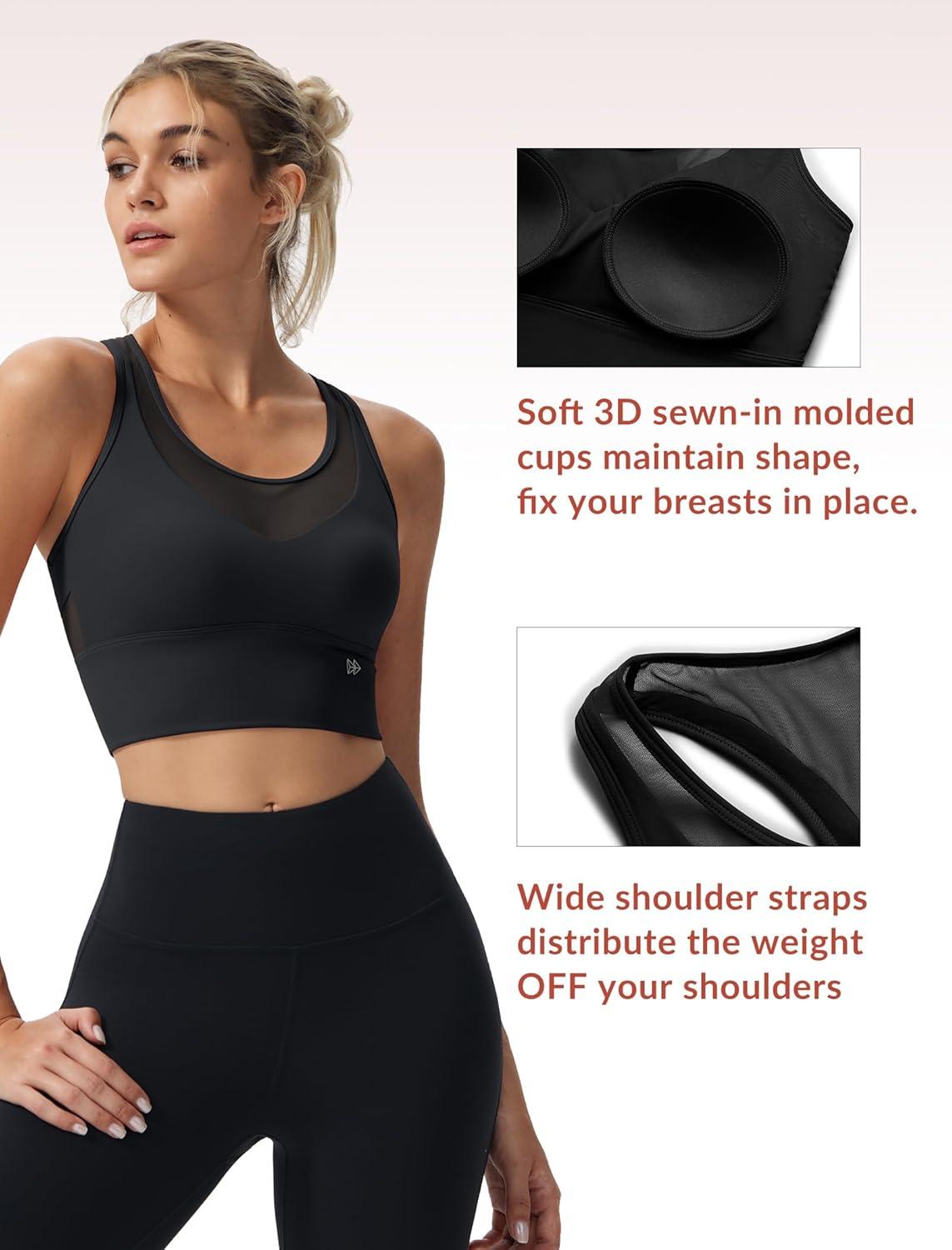 Yvette Low Impact Yoga Sports Bra Mesh Design V Neck Racerback Padding Wide Band for Support Tank Top(Black)