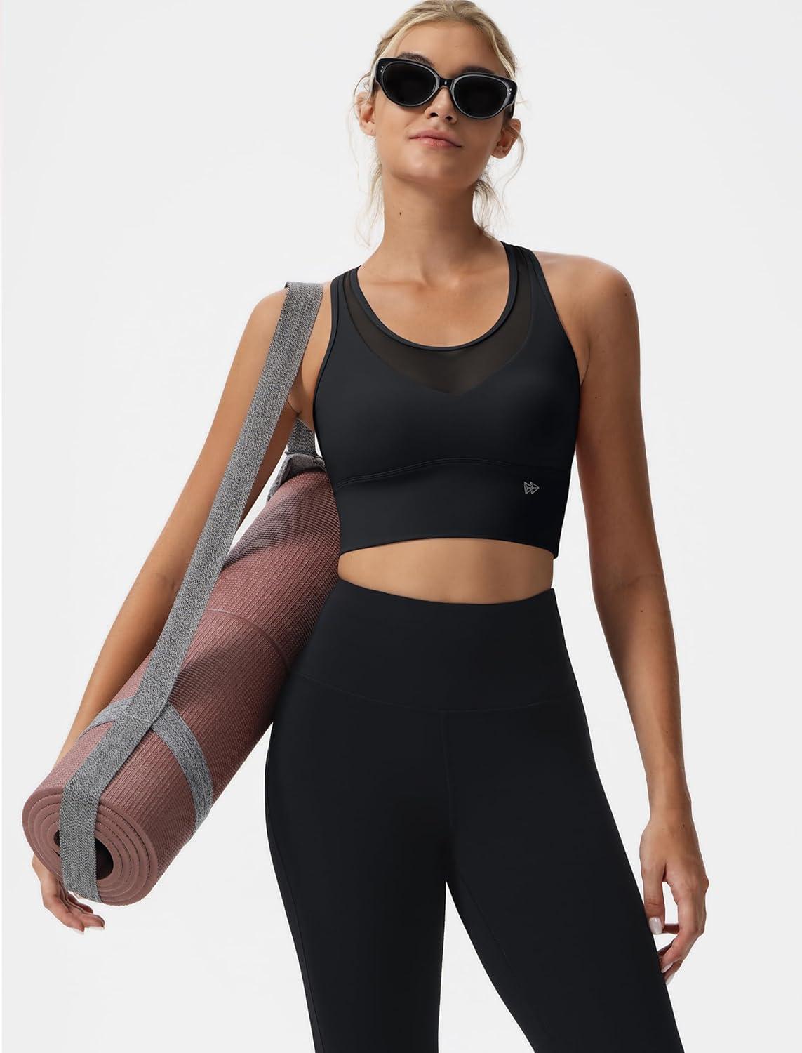 Yvette Low Impact Yoga Sports Bra Mesh Design V Neck Racerback Padding Wide Band for Support Tank Top(Black)