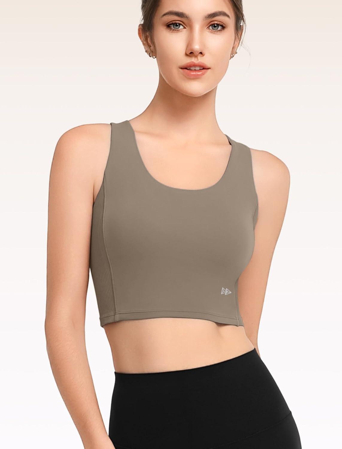 Yvette Comfortable Yoga Sports Bra Scoop Neck with Built-in Bra and Round Back Cutout Workout Top(Brown)