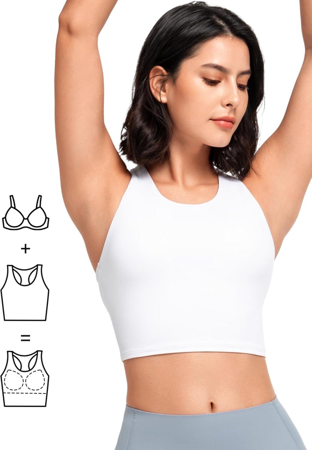 Yvette Longline Yoga Bras Gym Top for Women Sports Bra Racerback Workout with Removable Pads(White)