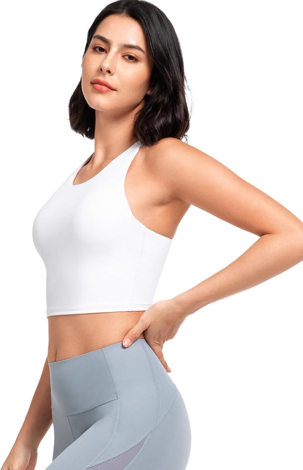 Yvette Longline Yoga Bras Gym Top for Women Sports Bra Racerback Workout with Removable Pads(White)