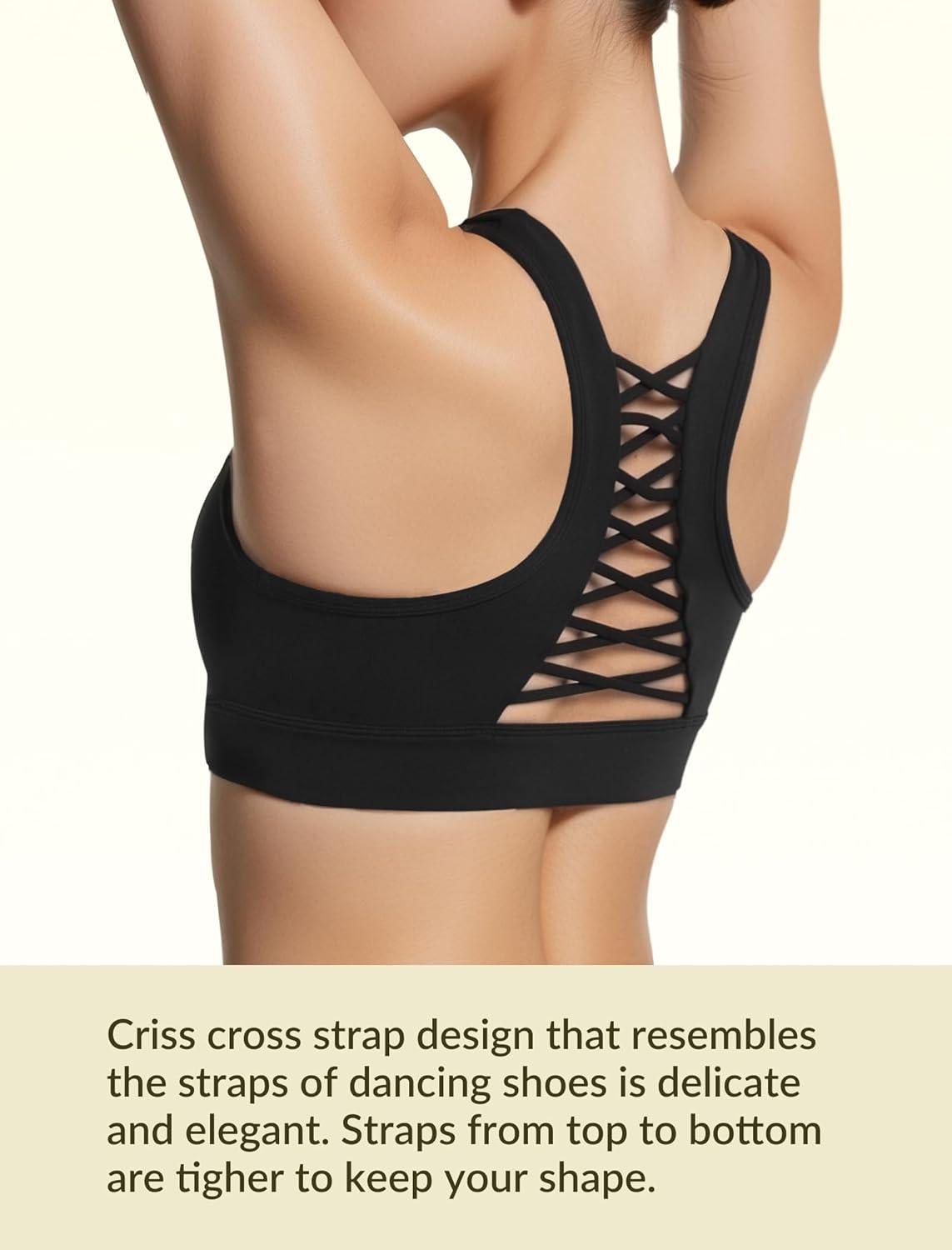 Yvette Criss Cross Cute Strappy Sports Bras for Women U Neck Racerback Padded Wireless Yoga Bra Cropped Tank Top(Black)
