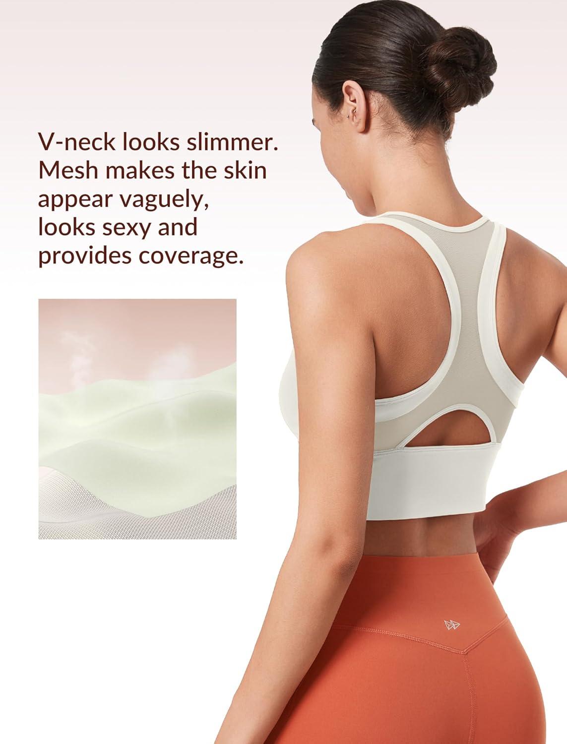 Yvette Low Impact Yoga Sports Bra Mesh Design V Neck Racerback Padding Wide Band for Support Tank Top(Beige)