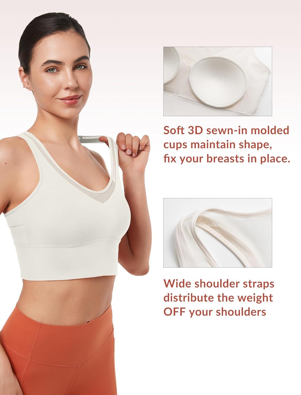 Yvette Low Impact Yoga Sports Bra Mesh Design V Neck Racerback Padding Wide Band for Support Tank Top(Beige)