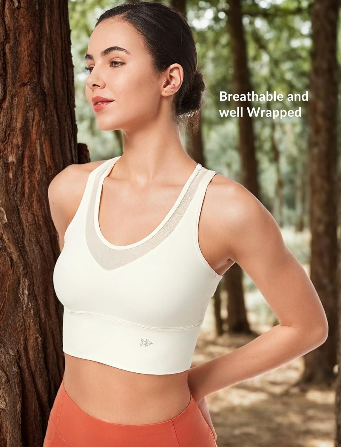 Yvette Low Impact Yoga Sports Bra Mesh Design V Neck Racerback Padding Wide Band for Support Tank Top(Beige)