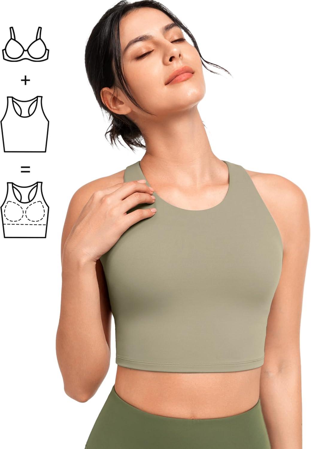 Yvette Longline Yoga Bras Gym Top for Women Sports Bra Racerback Workout with Removable Pads(Green)