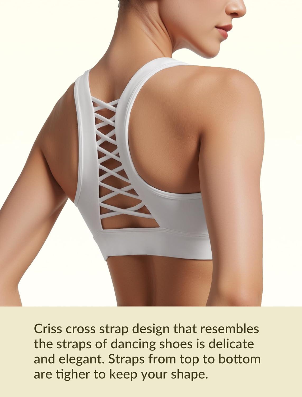 Yvette Criss Cross Cute Strappy Sports Bras for Women U Neck Racerback Padded Wireless Yoga Bra Cropped Tank Top(White)