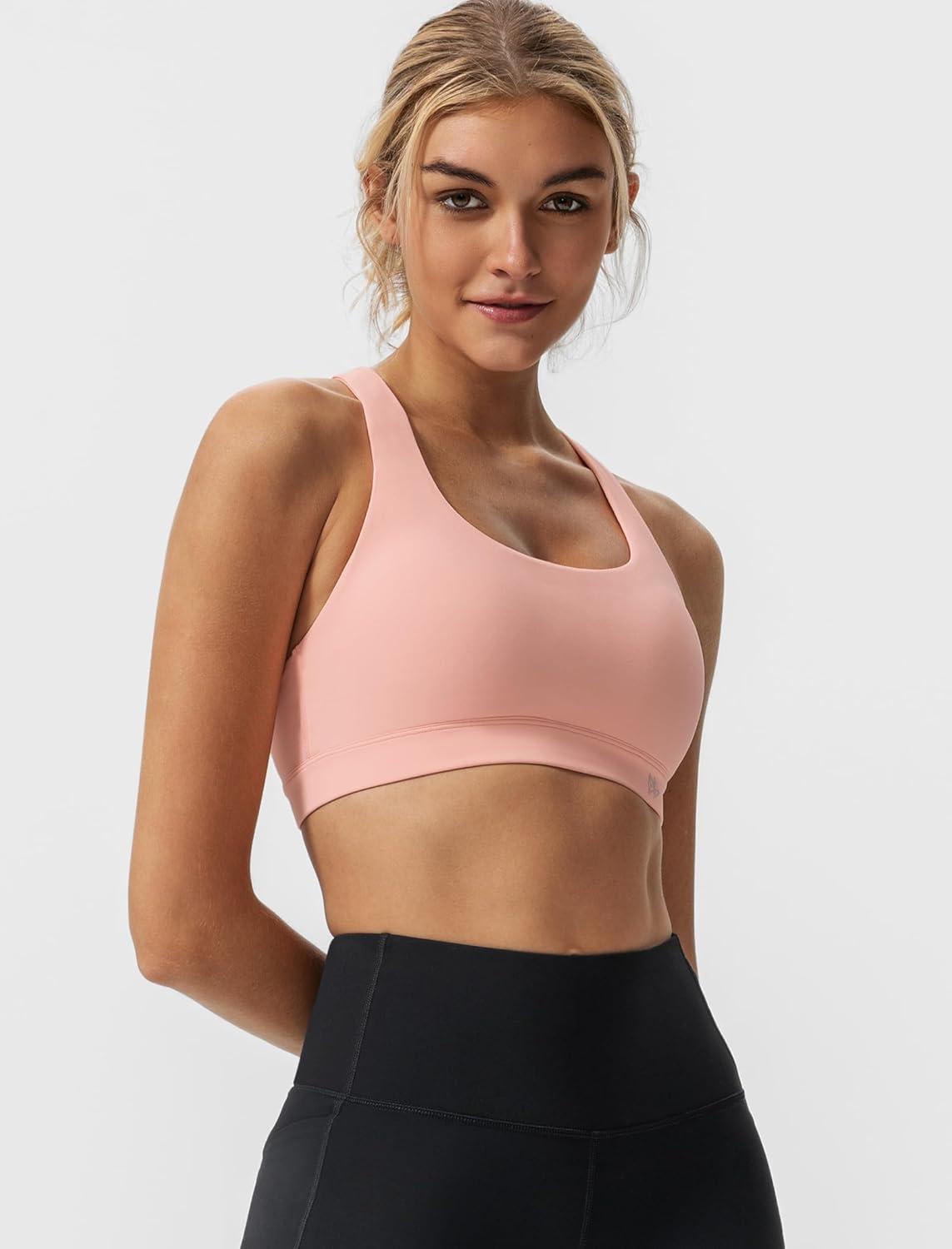 Yvette Yoga Sports Bras for Women Light Support Sexy Criss Cross Back Bra with Removable Pad(Pink)