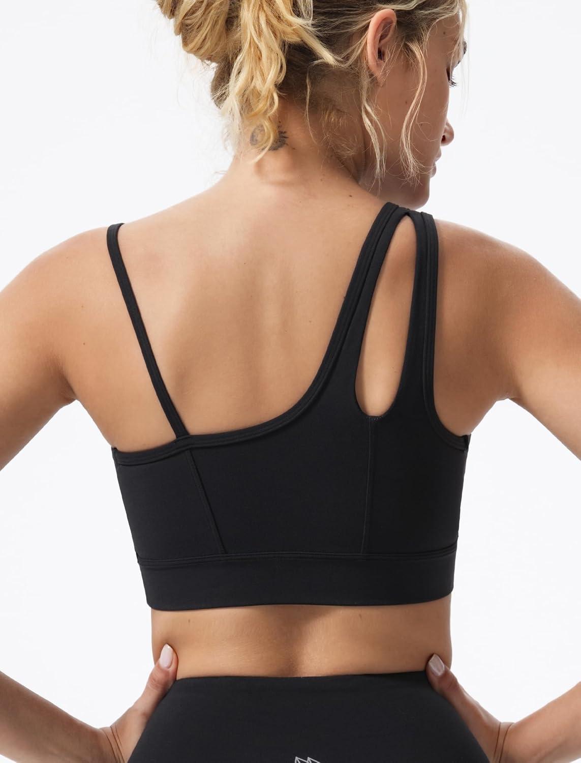 Yvette Womens One Shoulder Sports Bra Asymmetrical Strap Yoga Light Support Padded Wireless Tank Top(Black)