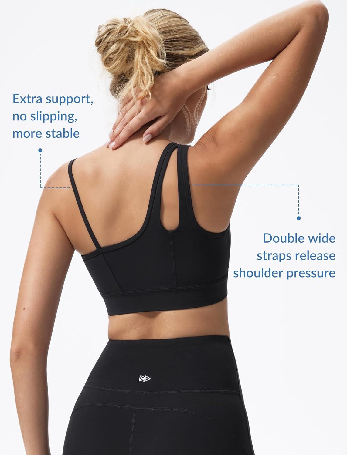 Yvette Womens One Shoulder Sports Bra Asymmetrical Strap Yoga Light Support Padded Wireless Tank Top(Black)