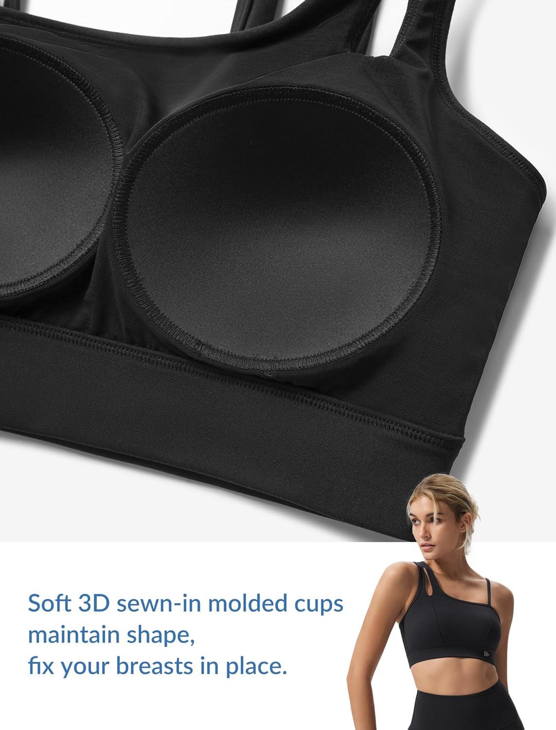 Yvette Womens One Shoulder Sports Bra Asymmetrical Strap Yoga Light Support Padded Wireless Tank Top(Black)