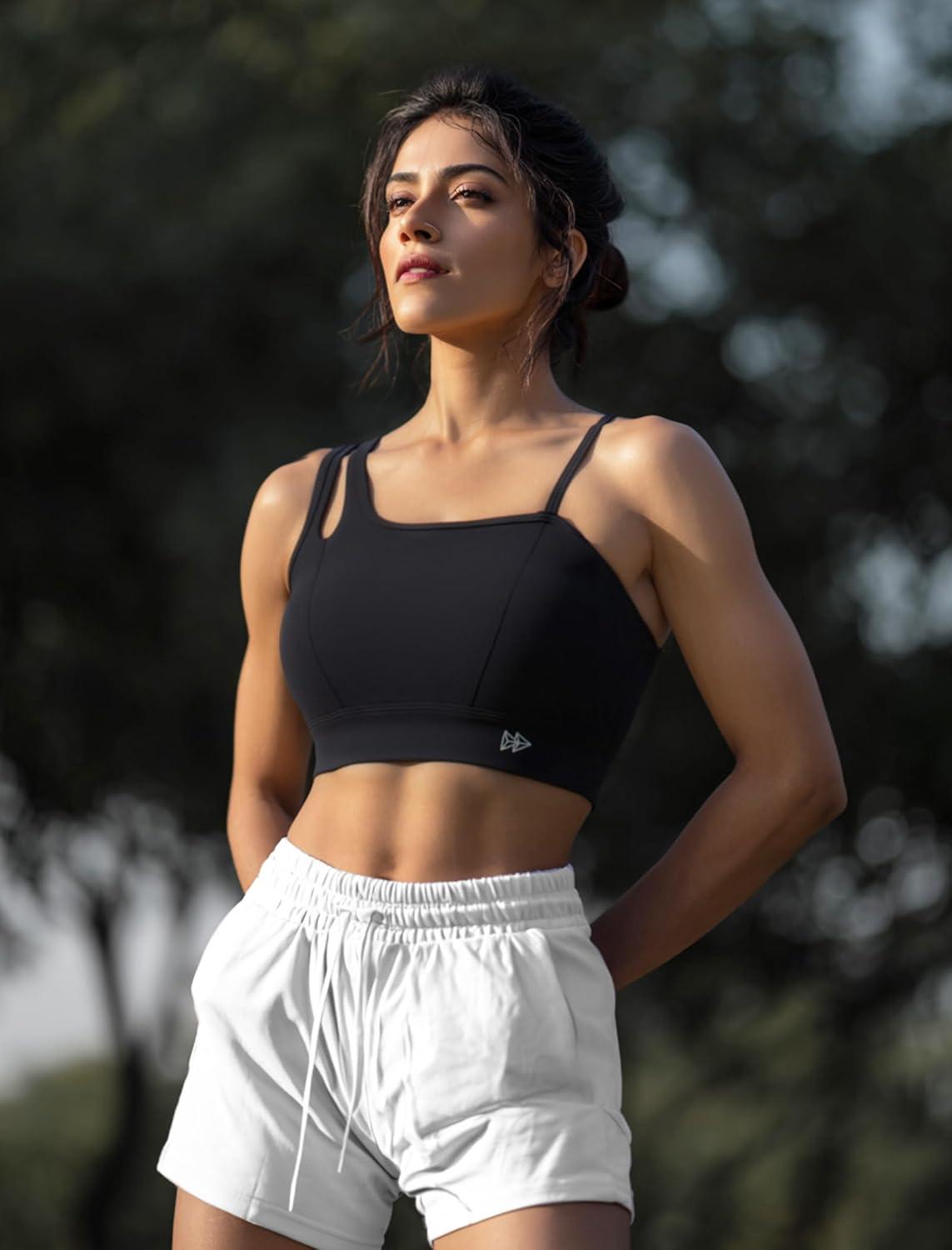 Yvette Womens One Shoulder Sports Bra Asymmetrical Strap Yoga Light Support Padded Wireless Tank Top(Black)