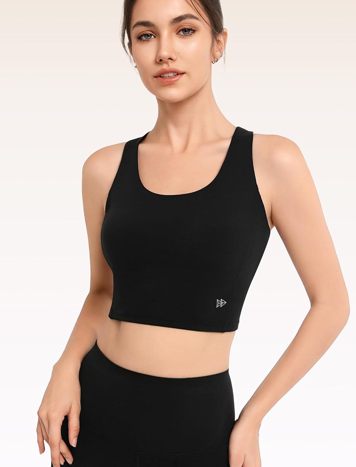 Yvette Comfortable Yoga Sports Bra Scoop Neck with Built-in Bra and Round Back Cutout Workout Top(Black)