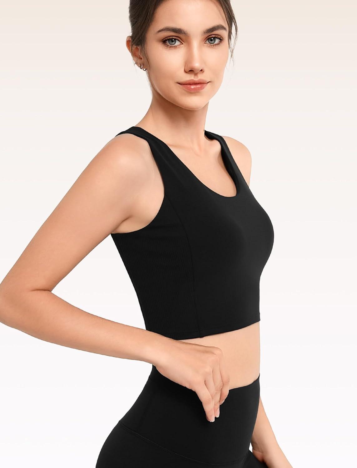 Yvette Comfortable Yoga Sports Bra Scoop Neck with Built-in Bra and Round Back Cutout Workout Top(Black)