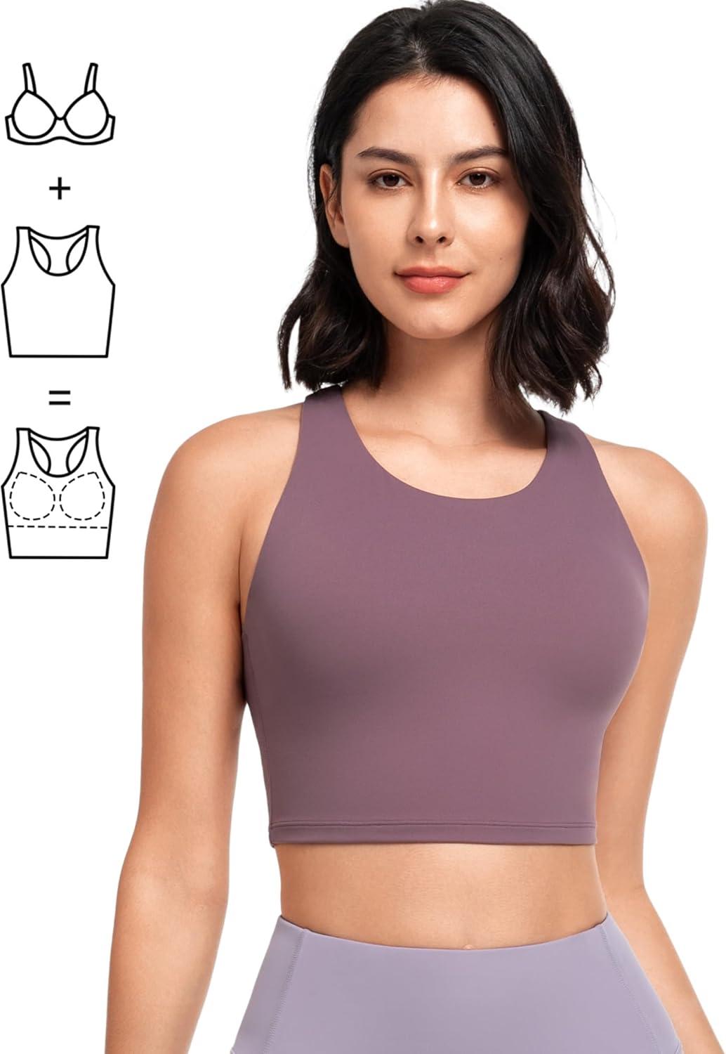 Yvette Longline Yoga Bras Gym Top for Women Sports Bra Racerback Workout with Removable Pads(Purple)