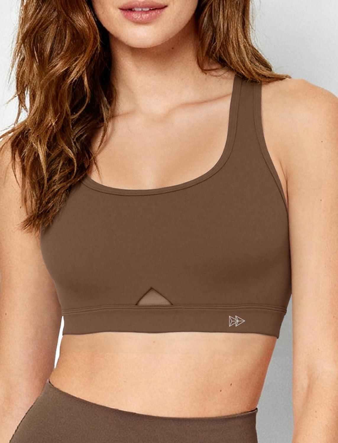 Yvette Yoga Sports Bras for Women Hollow Racerback Light Support Low Impact Paded Bra with Removable Pads(Brown)
