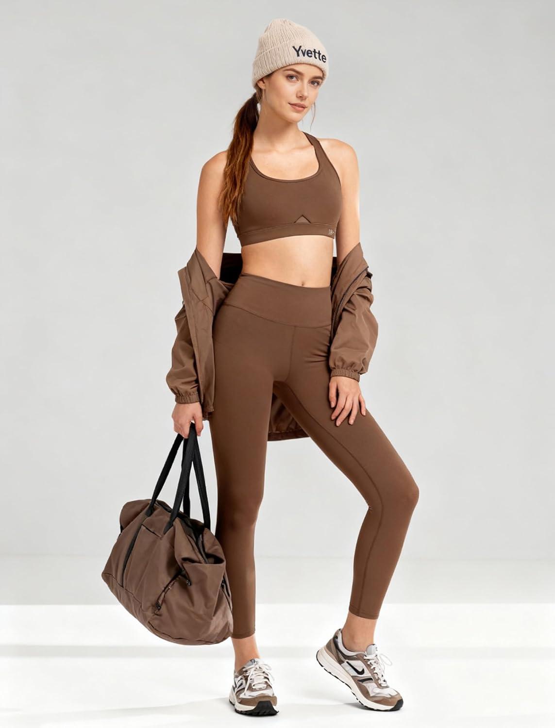 Yvette Yoga Sports Bras for Women Hollow Racerback Light Support Low Impact Paded Bra with Removable Pads(Brown)