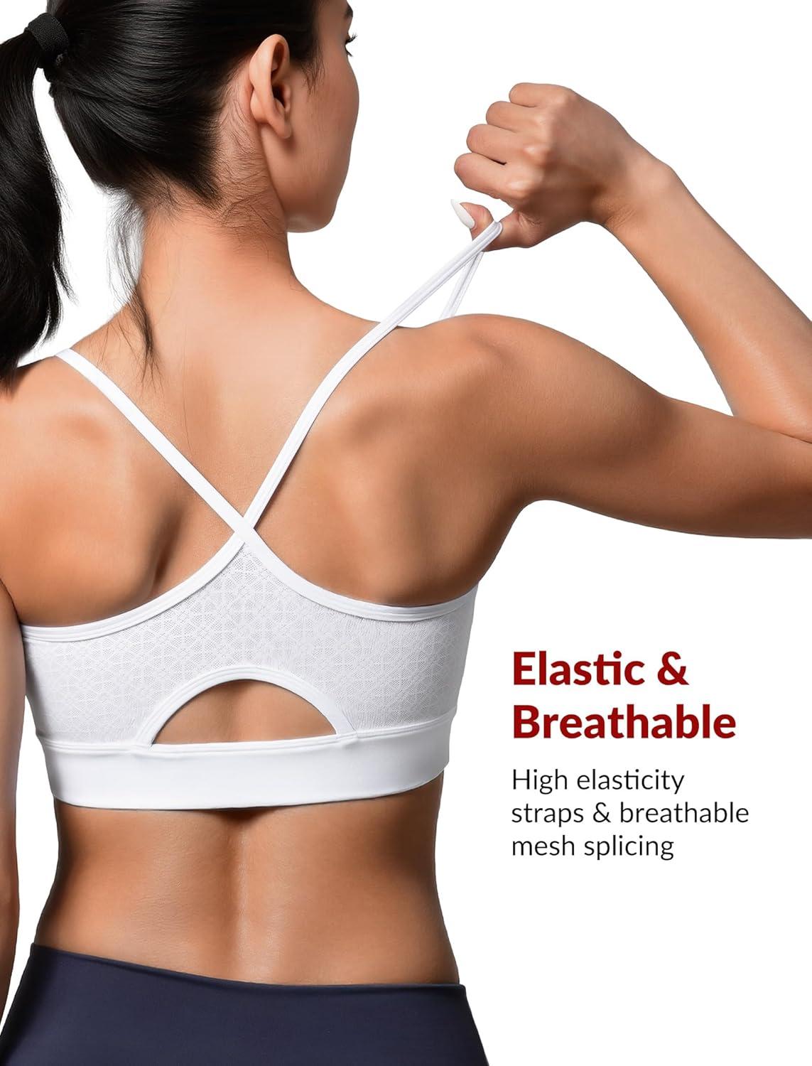 Yvette Women’s Lightweight Sports Bra 3D Fixed Cup – Mesh Yoga Workout Top with Spaghetti Strap(White)
