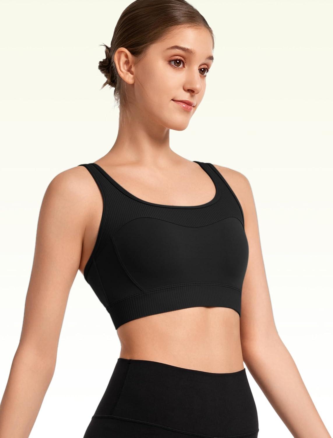 Yvette Workout Sports Bra for Women Rib-Knit Patchwork Design, Elastic Wide Strap(Black)