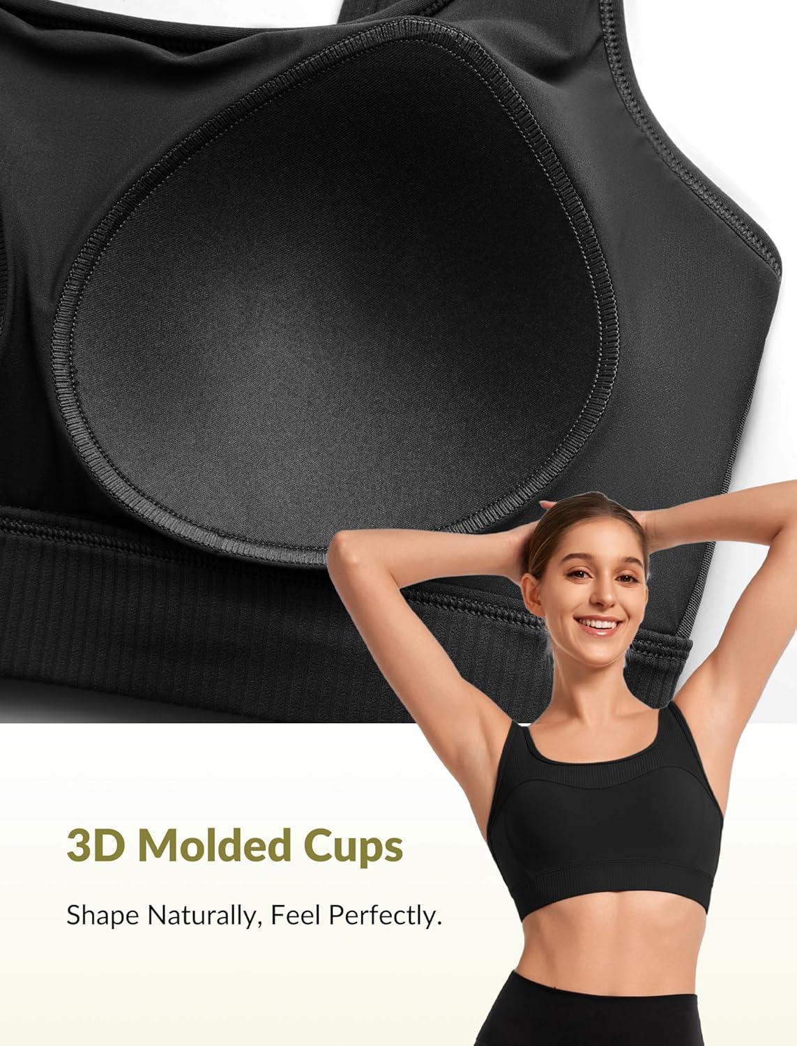 Yvette Workout Sports Bra for Women Rib-Knit Patchwork Design, Elastic Wide Strap(Black)