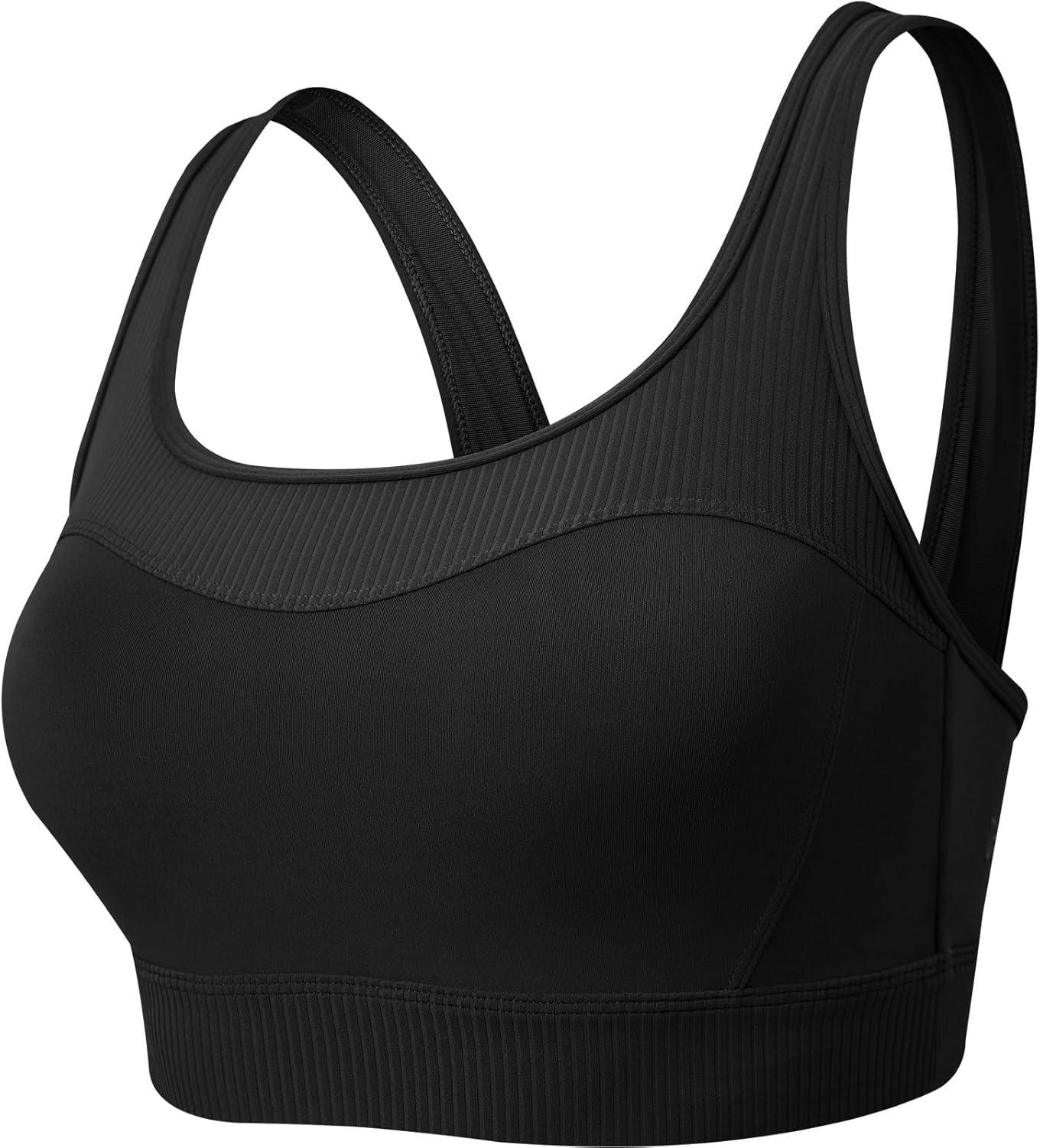 Yvette Workout Sports Bra for Women Rib-Knit Patchwork Design, Elastic Wide Strap(Black)