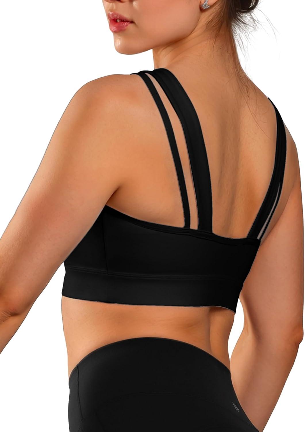 Yvette Yoga Sports Bras Carving Series Spaghetti Strap Padded Breathable Workout Crop Tank Tops Sports Bra for Women(Black)