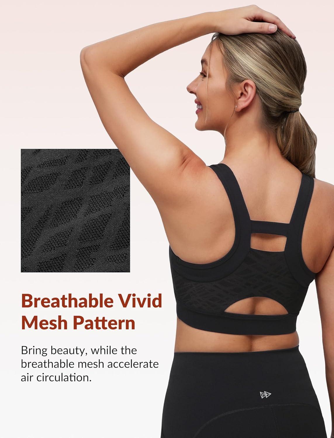 Yvette Elegant Mesh Back Yoga Bra Racerback Light Support Padded Wireless Bra Full Coverage Cropped Tank Top(Black)