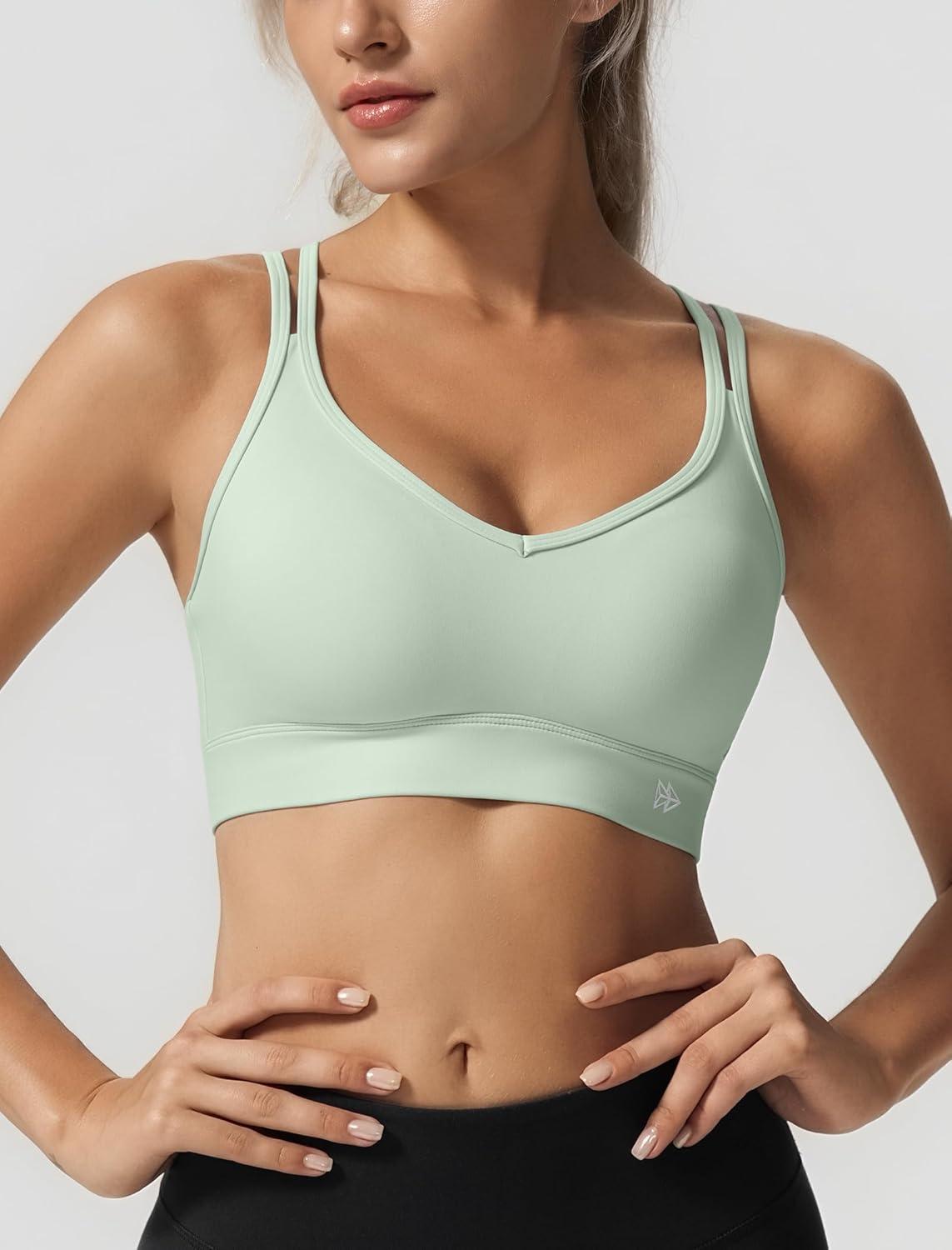 Yvette Yoga Bras Light Support for Women Low Impact Spaghetti Strap Mesh Splicing Style for Yoga Pilates Walking Daily(Light-green)