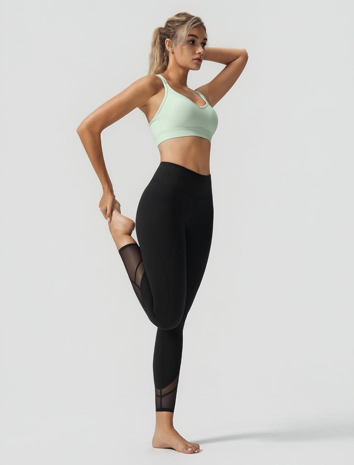 Yvette Yoga Bras Light Support for Women Low Impact Spaghetti Strap Mesh Splicing Style for Yoga Pilates Walking Daily(Light-green)