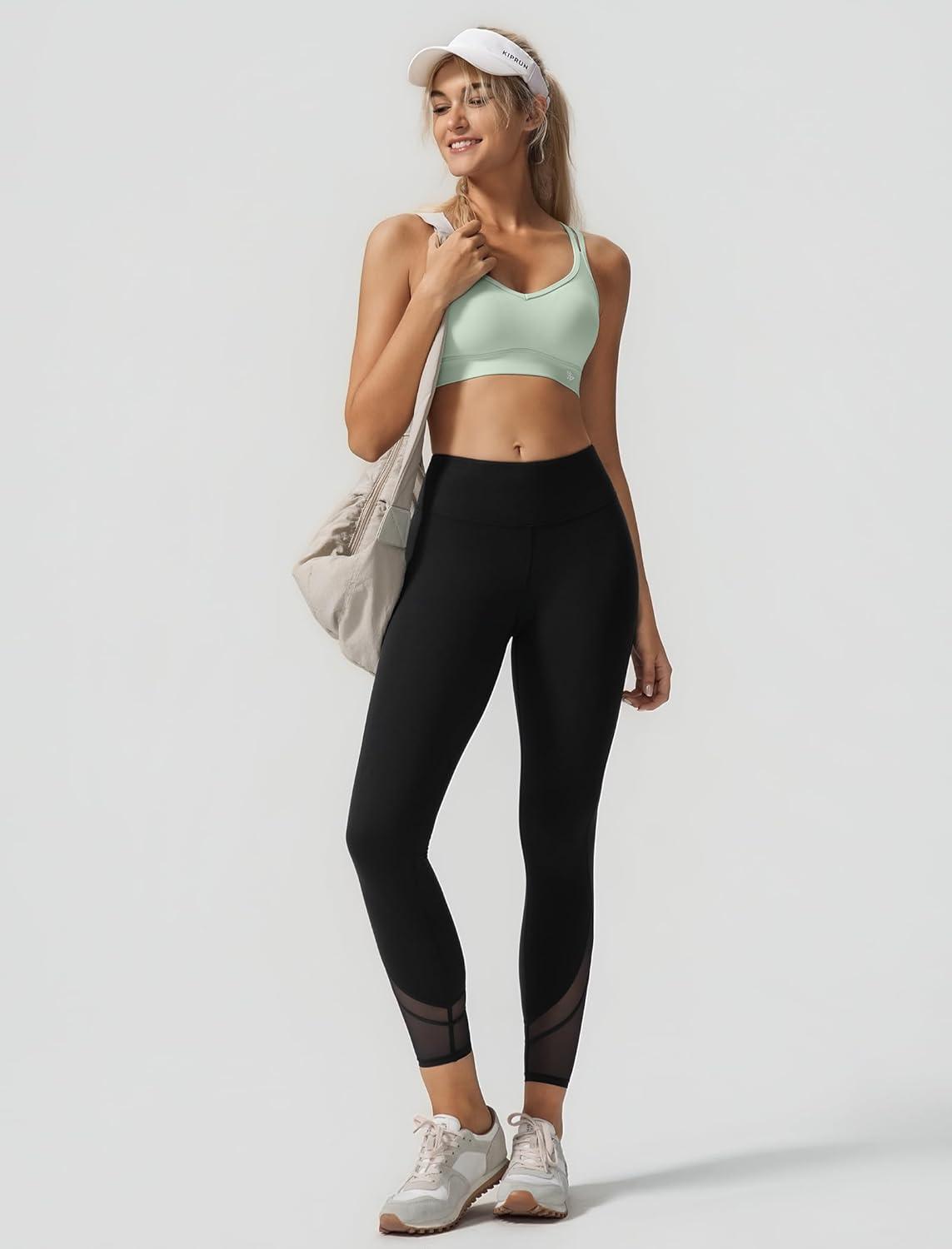 Yvette Yoga Bras Light Support for Women Low Impact Spaghetti Strap Mesh Splicing Style for Yoga Pilates Walking Daily(Light-green)