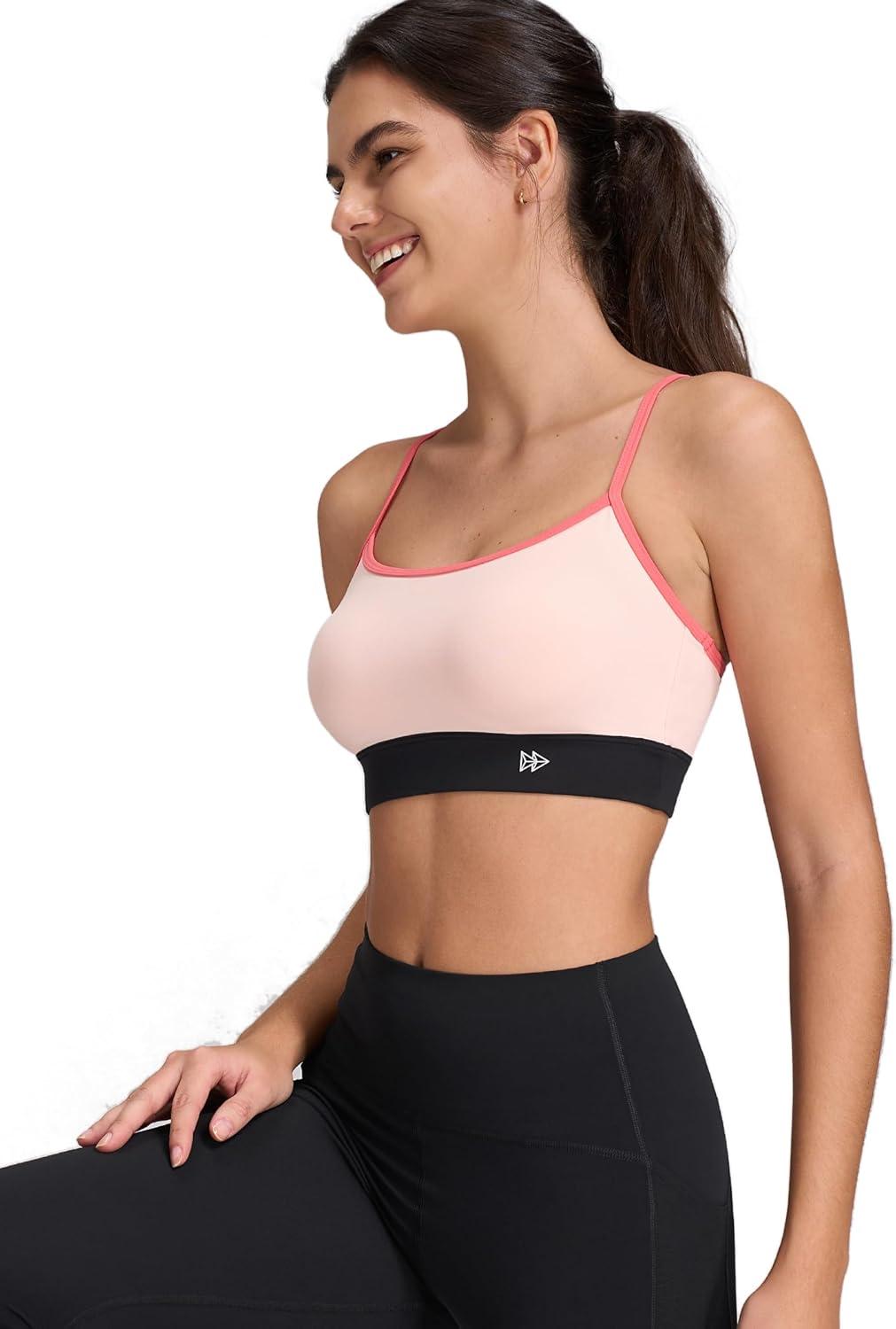 Yvette Cute Strappy Back Yoga Bra for Women Black & Pink Contrast Cropped Yoga Top Girly Sports Bras with Fixed Cup