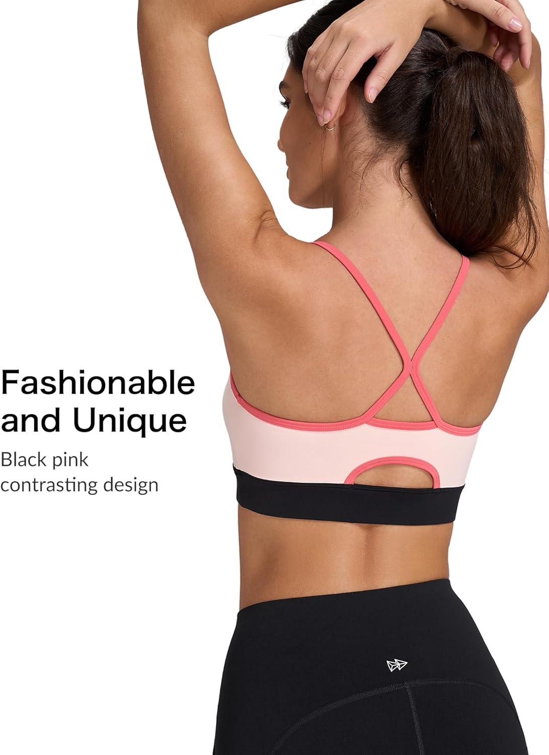 Yvette Cute Strappy Back Yoga Bra for Women Black & Pink Contrast Cropped Yoga Top Girly Sports Bras with Fixed Cup