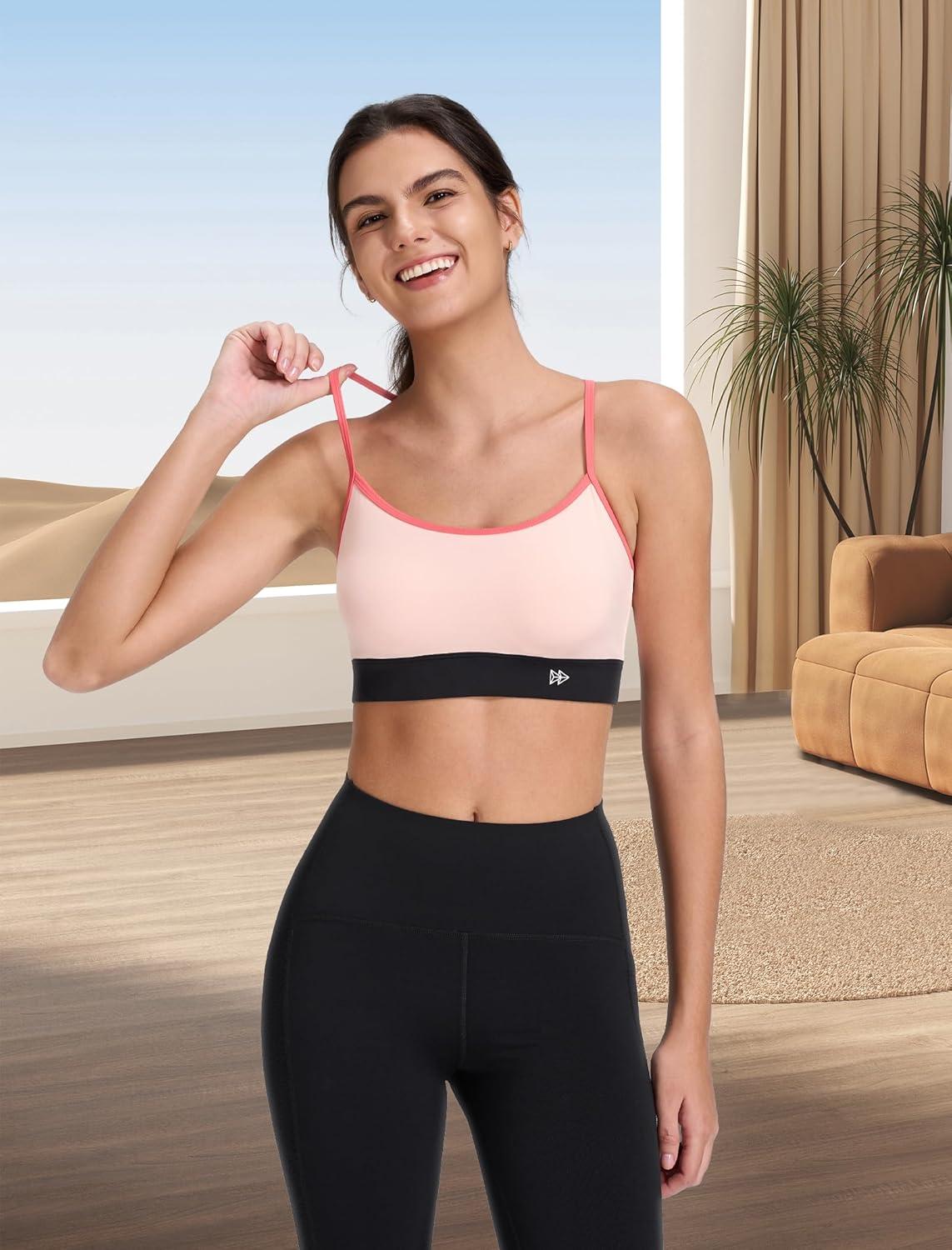 Yvette Cute Strappy Back Yoga Bra for Women Black & Pink Contrast Cropped Yoga Top Girly Sports Bras with Fixed Cup