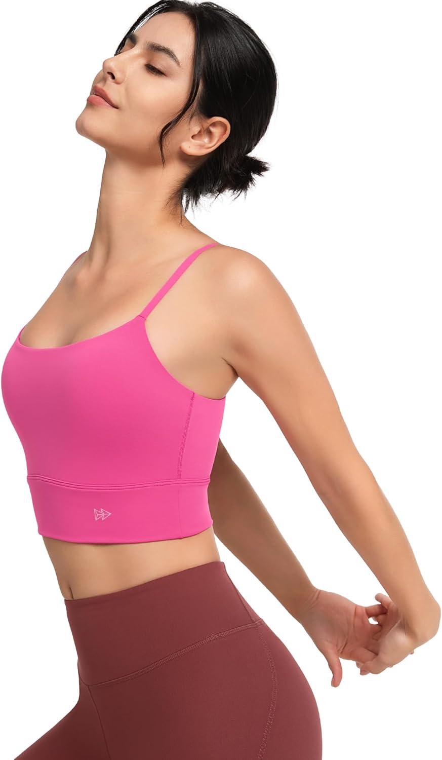 Yvette Adjustable Yoga Sports Bras for Women Light Support Padded Wireless Spaghetti Strap Bra with Removable Pad(Rose Red)