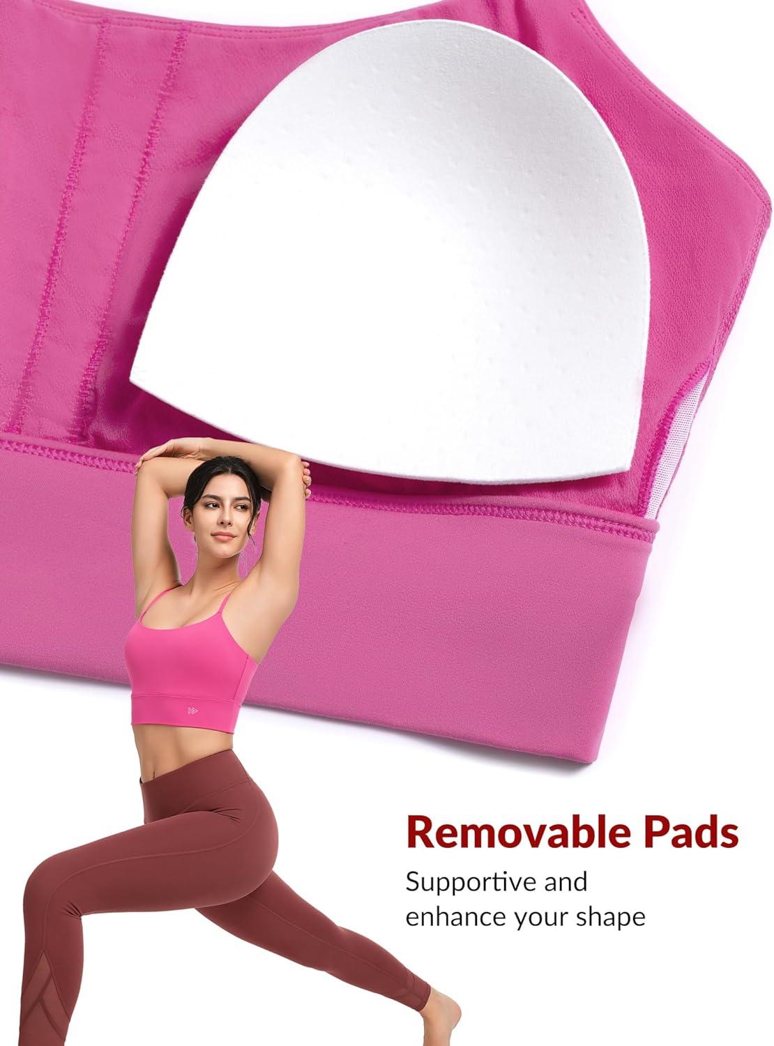 Yvette Adjustable Yoga Sports Bras for Women Light Support Padded Wireless Spaghetti Strap Bra with Removable Pad(Rose Red)